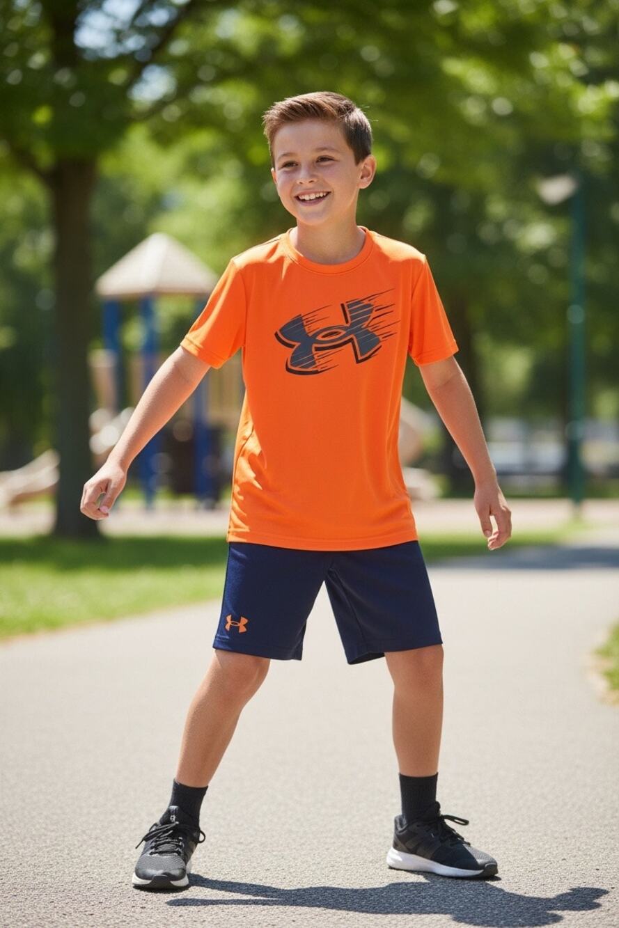 Under Armour Youth 2 Piece Athletic Set Orange HeatGear Shirt Navy Shorts Sz 7